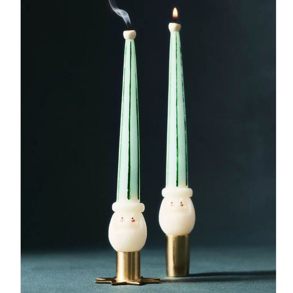 NIB Anthropologie Green and Blue Hand Painted Santa Taper Candles, Set of 2